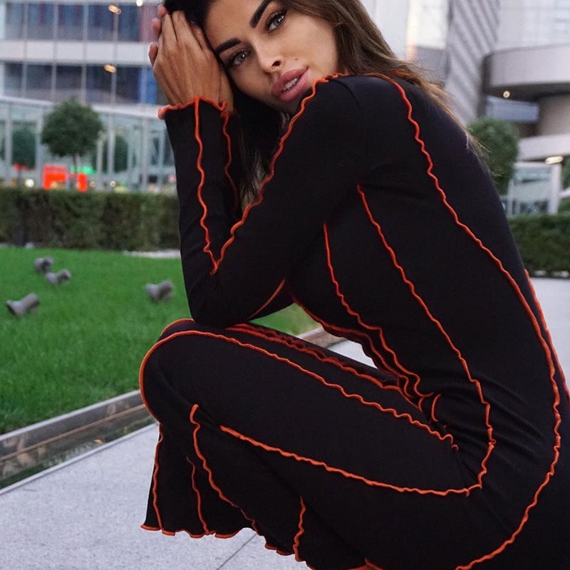 Autumn and Winter Sunken Stripe round Edge Dress Women's Clothing