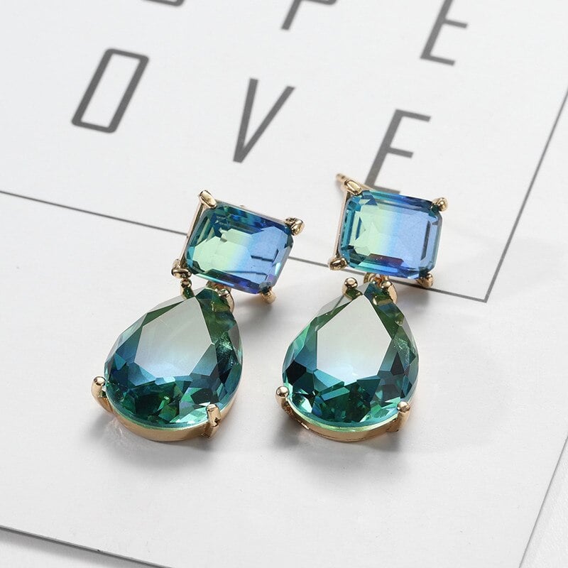Luxurious blue-green series crystal drop earrings