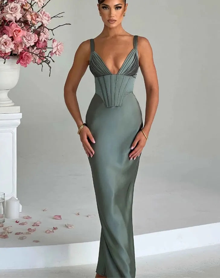 V-Neck Fishbone Satin Slip MAXI Dress