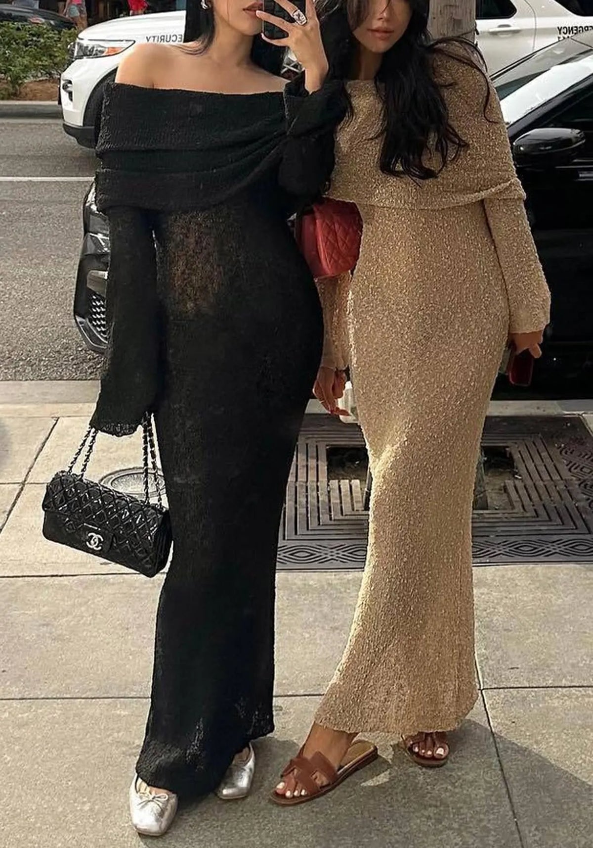 Off Shoulder Stretchy Mesh Knit Maxi Dress