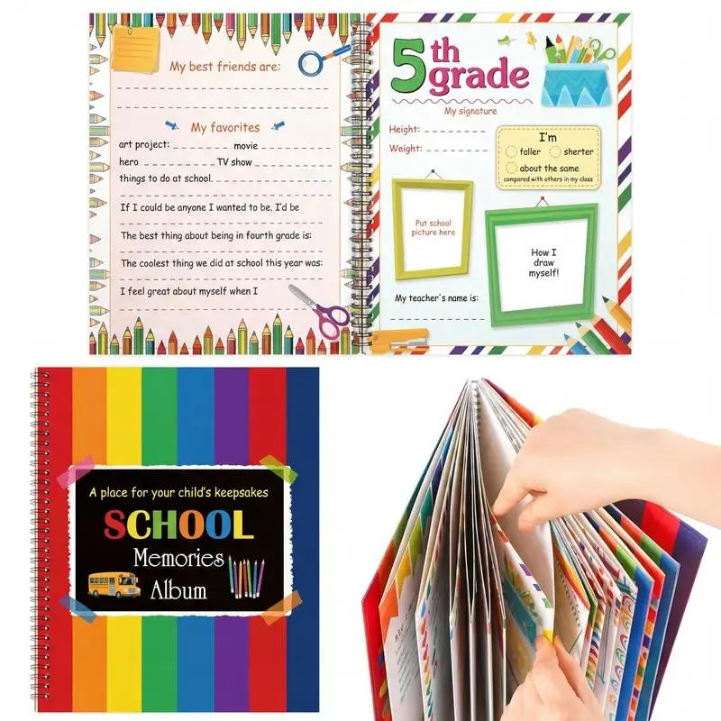 🔥HOT SALE🔥🏫School Memory Book & Keepsake Scrapbook (Preschool to 12th Grade) - 10"x12.24" Photo Album Portfolio with 14 Storage Pockets for Artworks, Report Cards & Certificates - Back to School & Graduation Gift for Kids