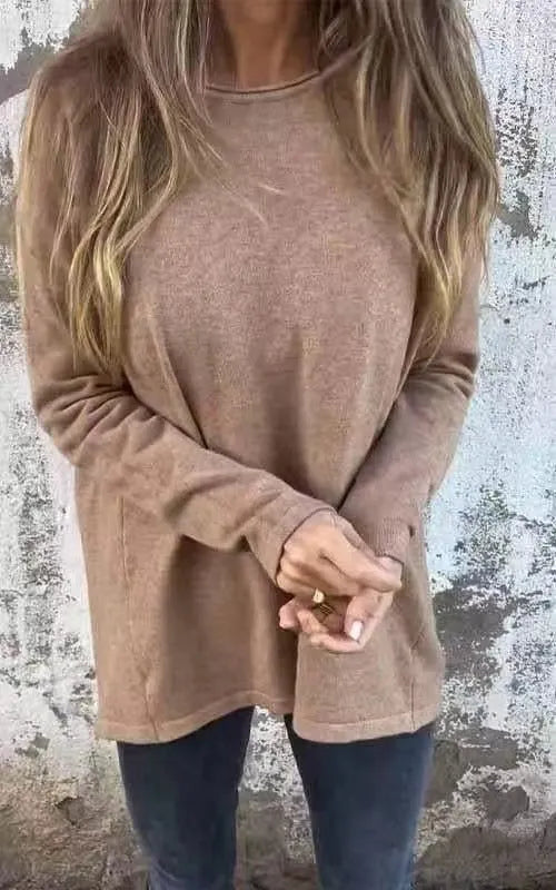 Women's Solid Round Neck Long Sleeve Tops