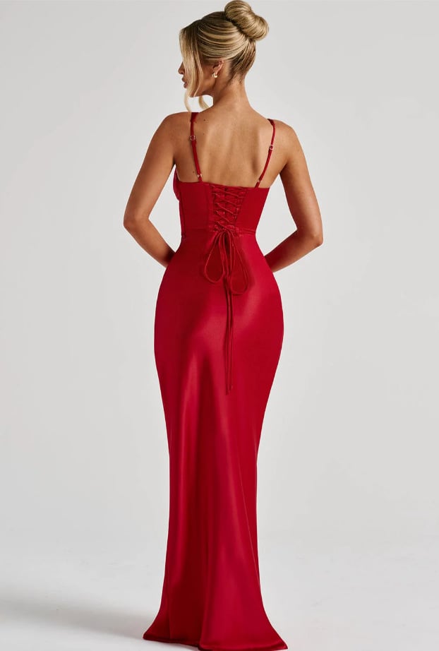 V-Neck Fishbone Satin Slip MAXI Dress