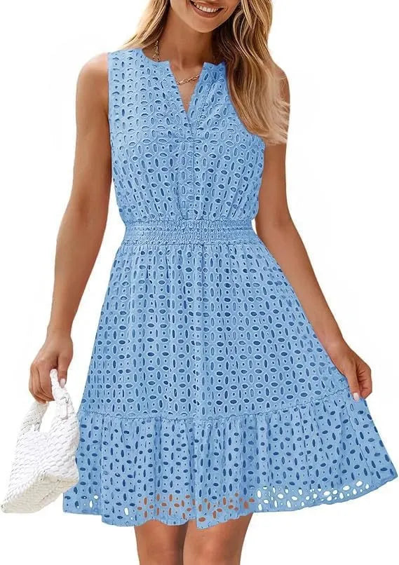 Sleeveless Dress with V-Neck, Hollow Out Eyelet and High Waist