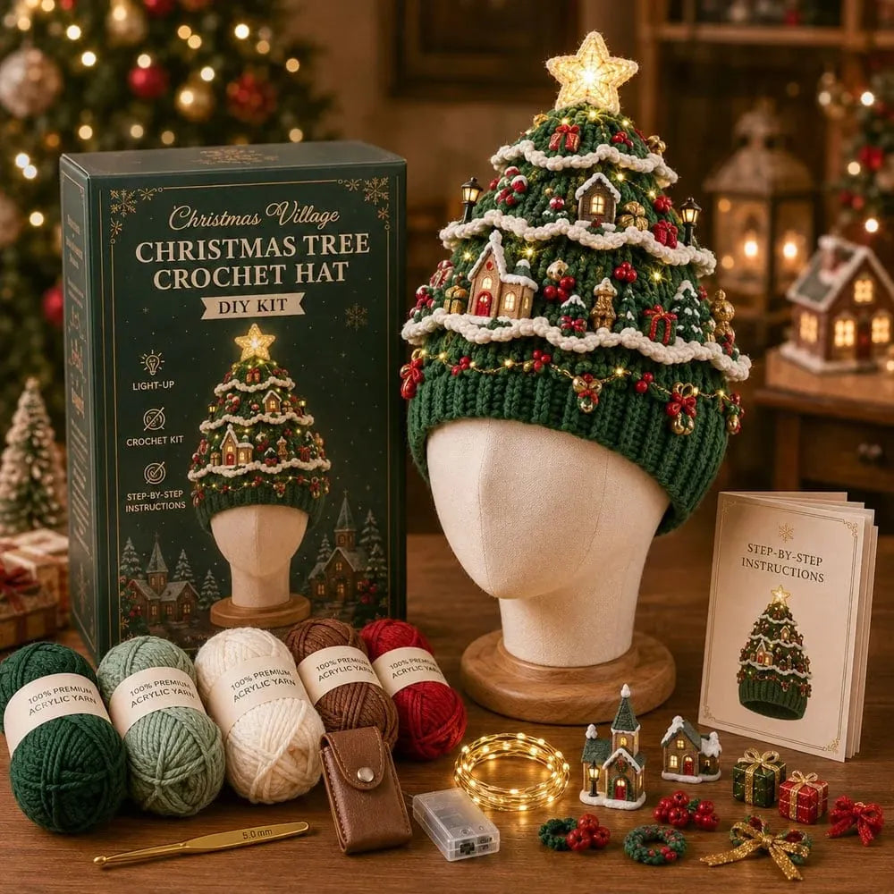 🎉🎄Beginner-Friendly Light-Up Christmas Tree Crochet Hat DIY Kit | Complete Kit with Coordinated Yarn, LED Lights & Step-by-Step Guide Included 💕