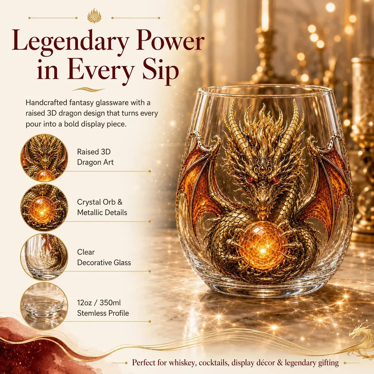 🐉✨ 3D Mythic Dragon Glass Art Cup | 12oz Premium Clear Glass with Raised Dragon Relief, Metallic-Style Details & Faceted Crystal-Style Orb 🎁