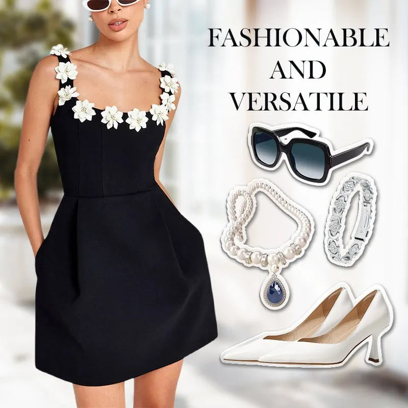 Cindy Faux Pearl Flower Applique Square Neck Pocketed Mini Dress