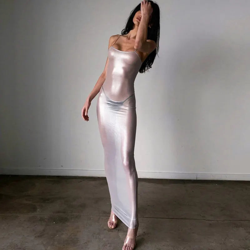 Silver-stamped sleeveless halter dress