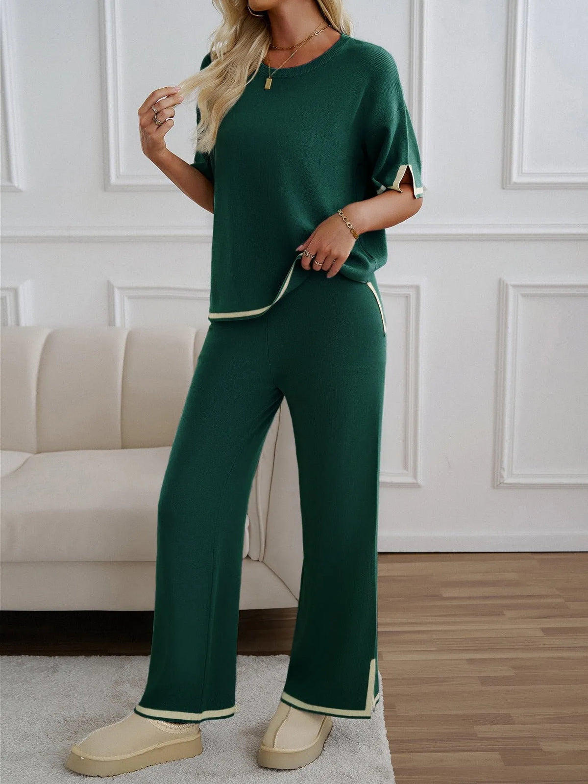 Chic Short Sleeve Knitted Pants Set