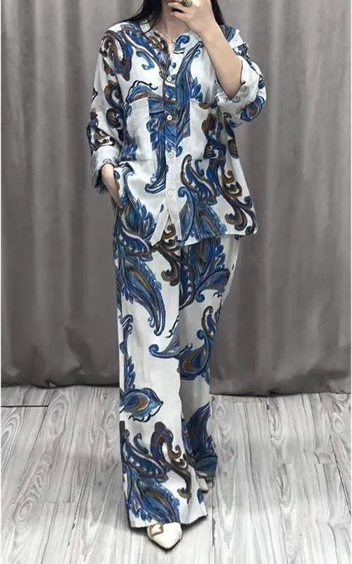 Casual V-neck Printed Shirt and Pants Suit (Buy 2 Sets Free Shipping)