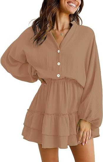 Chic Tiered Ruffle Mini Dress with V-Neck & Balloon Sleeves  🍂👗