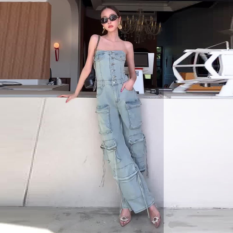 Women's Slightly Elastic Tube Top Multi-pocket Workwear Denim Jumpsuit