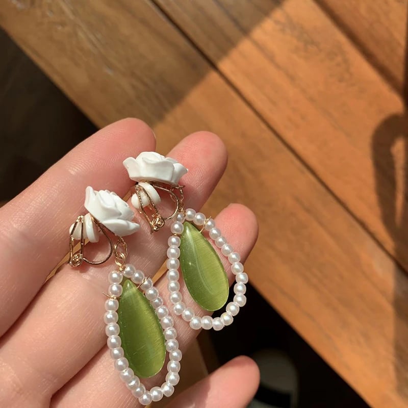 Elegant White Rose Flower Drop Earrings