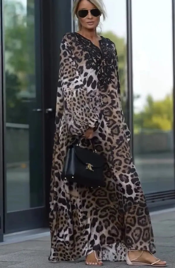 RAYNA LACE MIXED LEOPARD PRINT BALLOON SLEEVE A-LINE MAXI DRESS