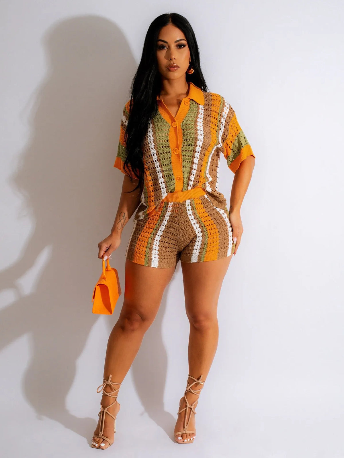 (BUY 2 SETS FREE SHIPPING)Women's 2-Piece Sheer Mesh Button-Up Top and High-Waisted Shorts Set