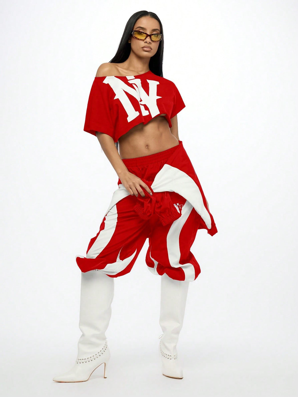 WOMEN Off Shoulder NY Logo Slouchy Crop Tee Athletic Varsity Sports Fan Streetwear Workout Fashion Athleisure Cropped T-Shirt Summer Urban Style