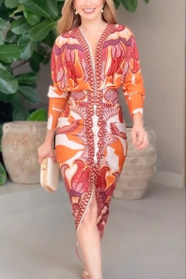 Unique Print Dolman Long Sleeve Ruched Slit Midi Dress Vestidos