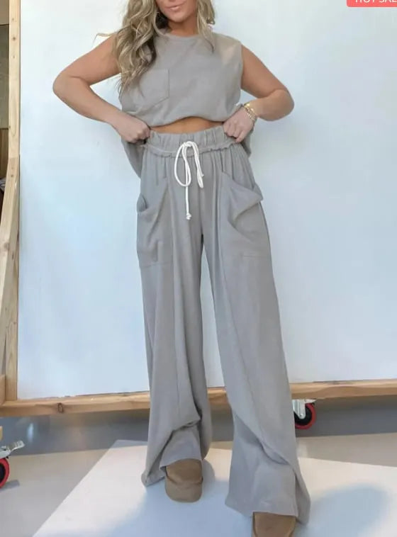 Comfort Tank Top and Elastic Waist Wide Leg Pocket Pants Set