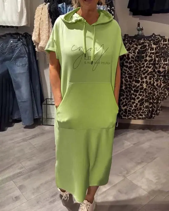 Solid Color Short Sleeve Hoodie Pocket Dress for Women
