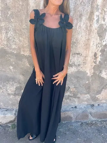 💕 Solid color dress for women with floral strap and U-neckline