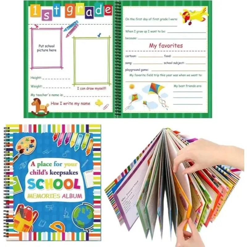 🎉📚School Memory Book Photo Album for Kids,14 Pockets, 34 Pages, 13 Years
