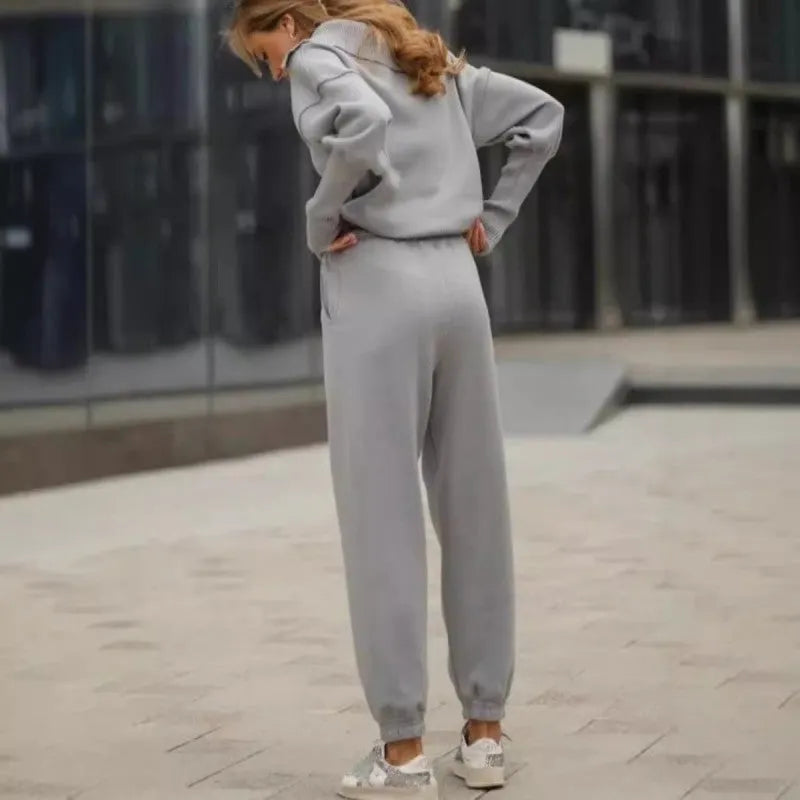 Women's Casual Sporty 2-Piece Set - Half-Zipper Lapel Top & Matching Jogger