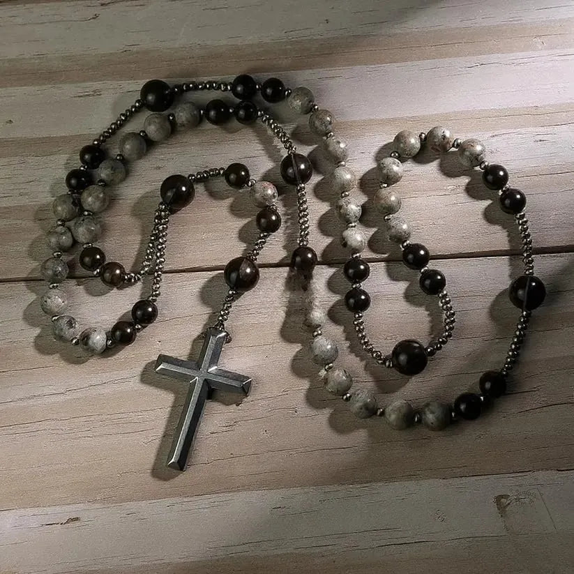 🔥 HOT SALE 🔥Natural Obsidian Yooperlite Rosary Necklace, UV Reactive Energy Protection Healing Crystal