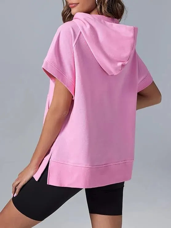 Oversized Casual Half Zip Short Sleeve Pullover Tops with Pockets (Buy 2 Free Shipping)