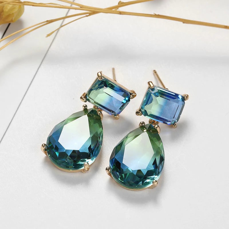 Luxurious blue-green series crystal drop earrings
