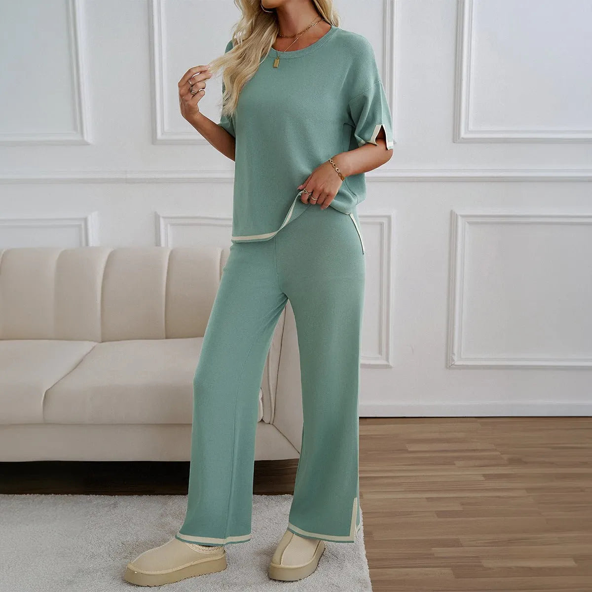 Chic Short Sleeve Knitted Pants Set