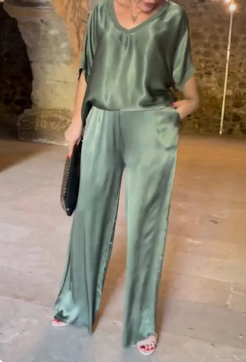 V-neck Satin Two-piece Suit - buy 2 free shipping