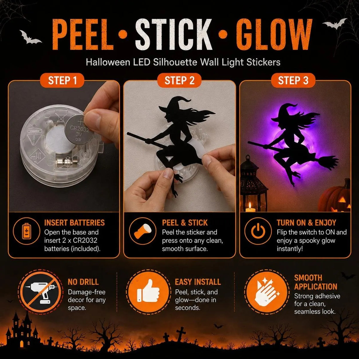🎃Halloween LED Silhouette Wall Stickers – 🖤Spooky Peel & Stick Light-Up Decor