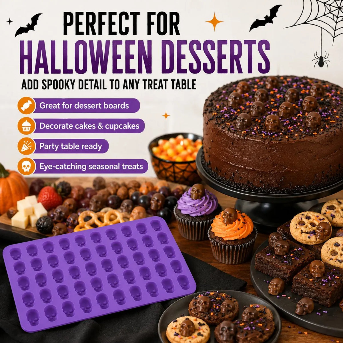 🎉49% OFF – 💀 Reusable 50-Cavity Mini Skull Silicone Candy Mold | Flexible Easy-Release Design for Chocolate, Candy Melts, Filled Treats & Halloween Desserts 🎃✨