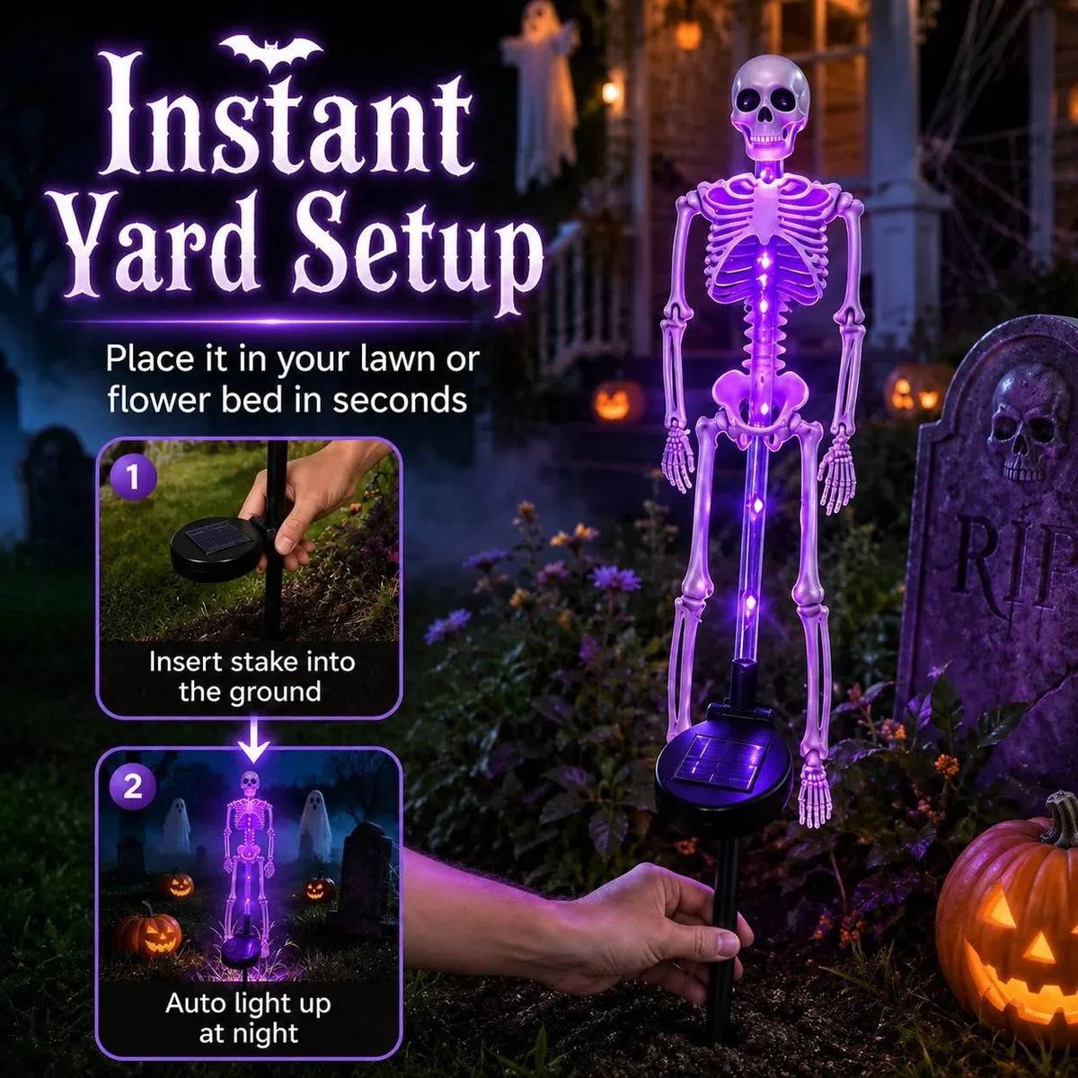 🎉[🎃Halloween sales🎃]Halloween Skull Solar Garden Lights | Waterproof Outdoor LED Skull Stake Lights for Yard, Lawn & Pathway Decor