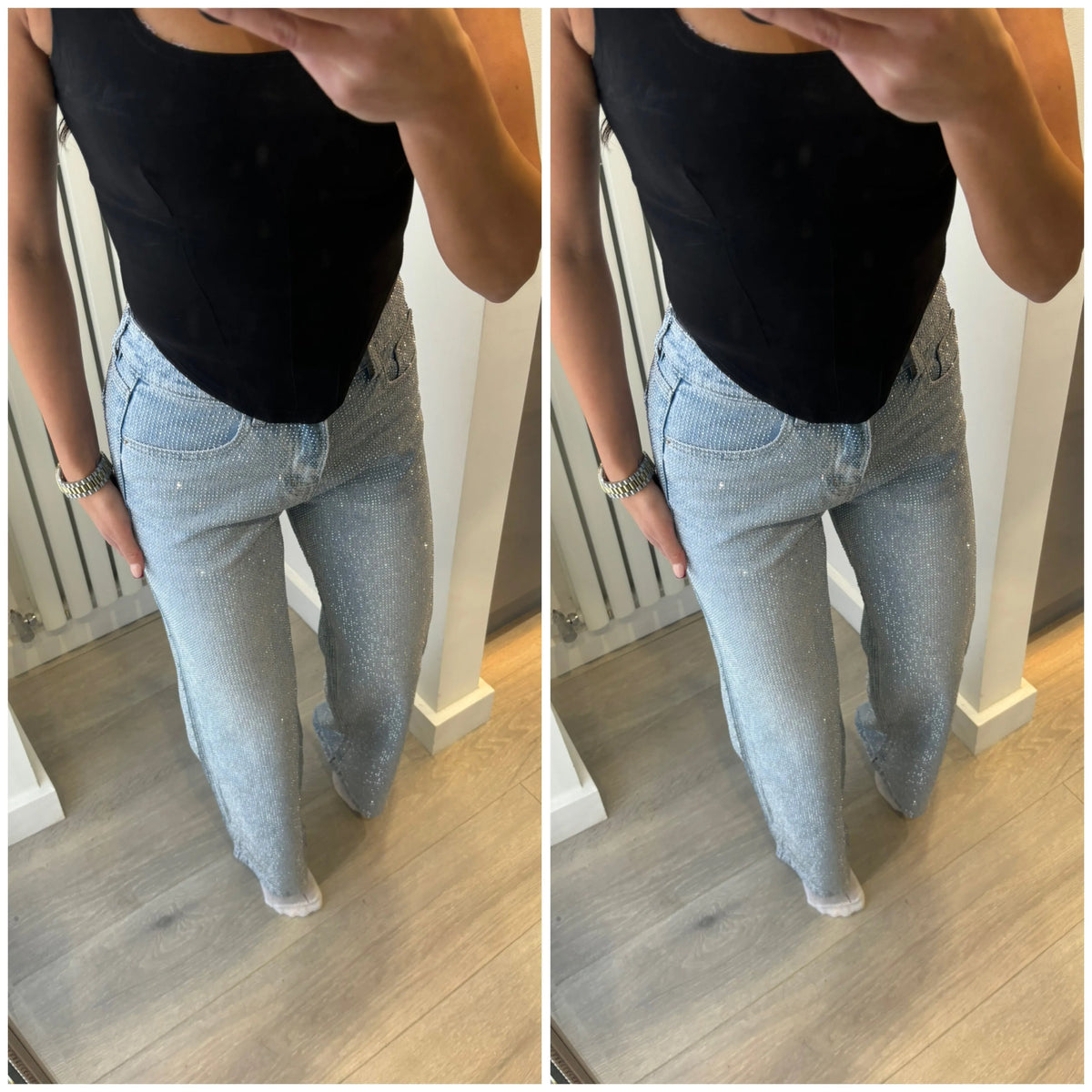 full diamanté embellished straight leg blue denim jeans