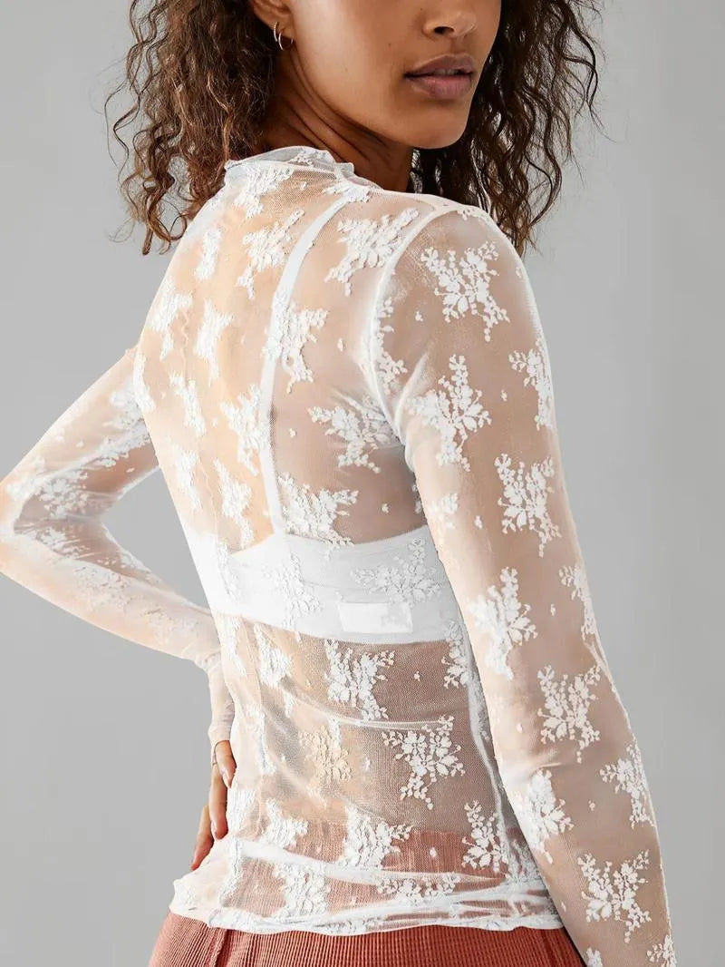 Women's Floral Lace Thumb Hole Sheer Tee