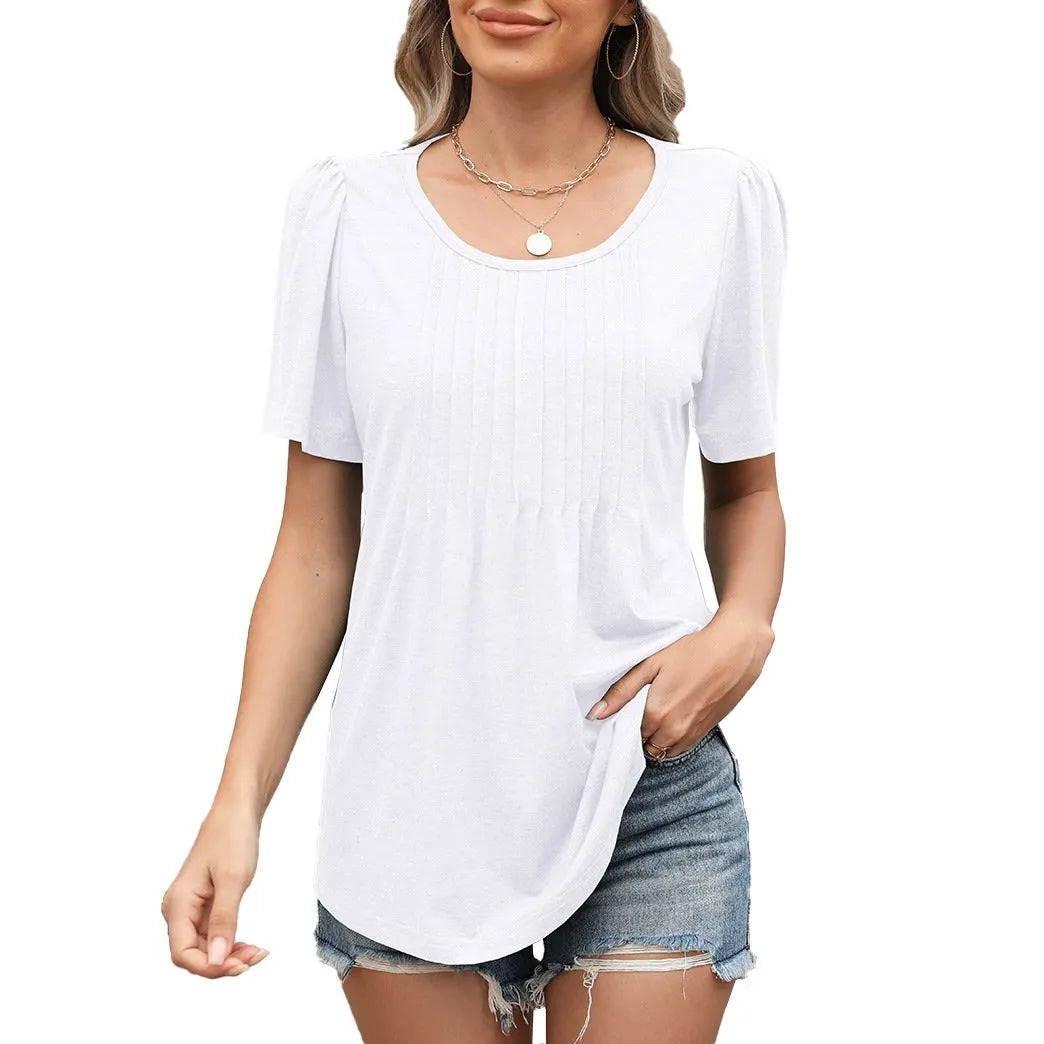 Summer Loose Pleated Round Neck Short Sleeve T-Shirt