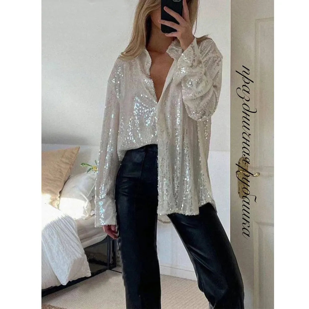 Sequins Long Sleeve Collared Shirt