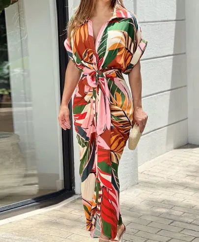 Printed Waist Cinching Shirt Dress
