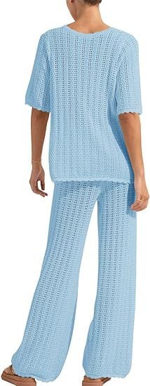 Women's Summer 2-Piece Swimsuit Coverup Crochet Knit Cardigan Tops Long Pants Set Bathing Suit Beach Outfit