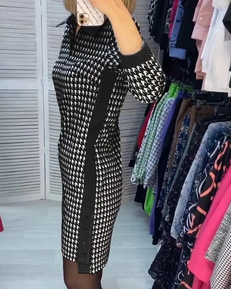 Lapel Pocket Checked Long Sleeve Dress