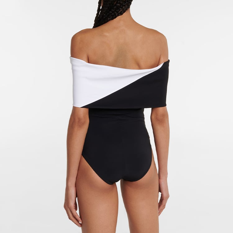 Black and White Color-Block Minimalist One-Piece Swimsuit with Wrap Skirt Set