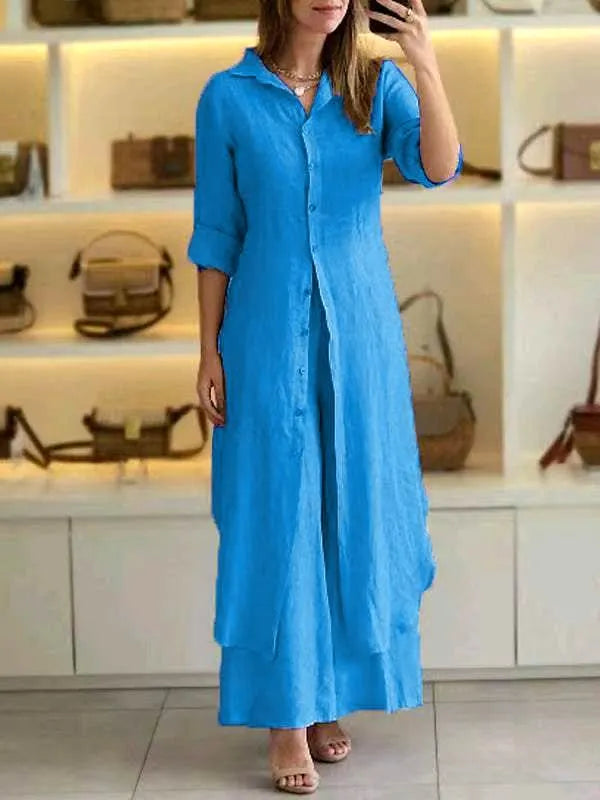 Women Summer Casual Linen Set Elegant Long Sleeve Two-piece Pant Suits