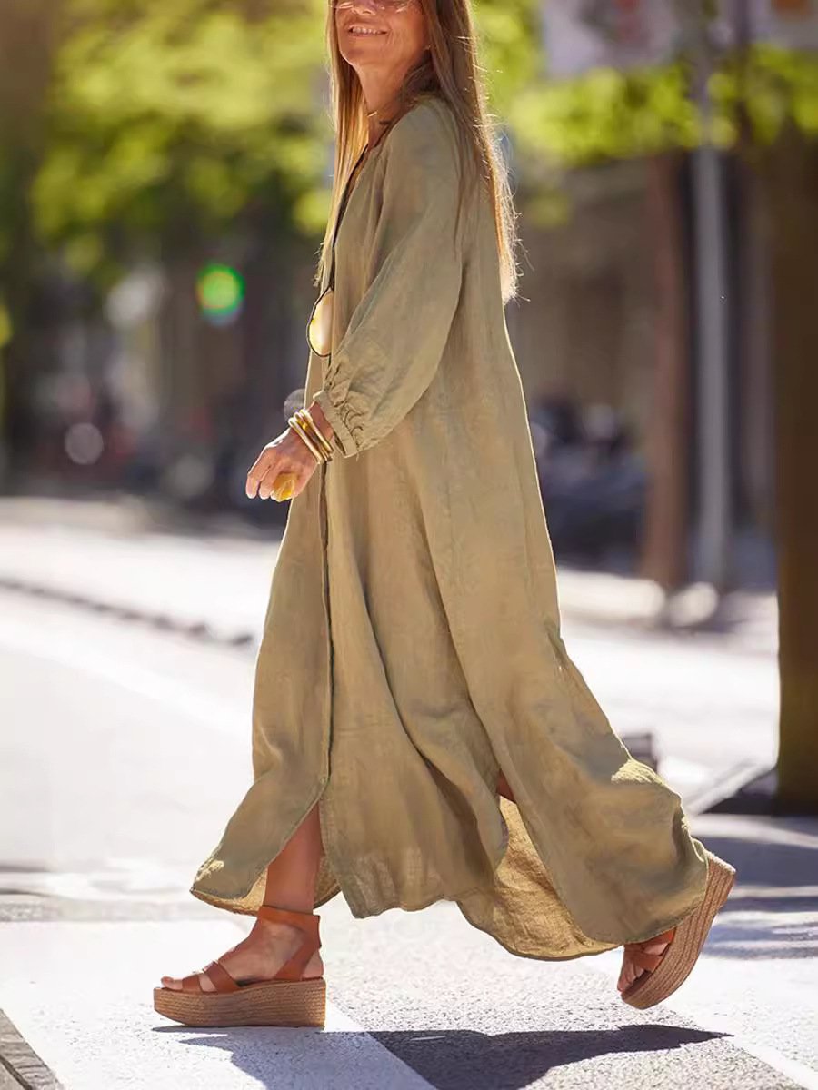 🌸Women’s Minimalist Cotton Linen V-neck Long Dress (Buy 2 Free Shipping)