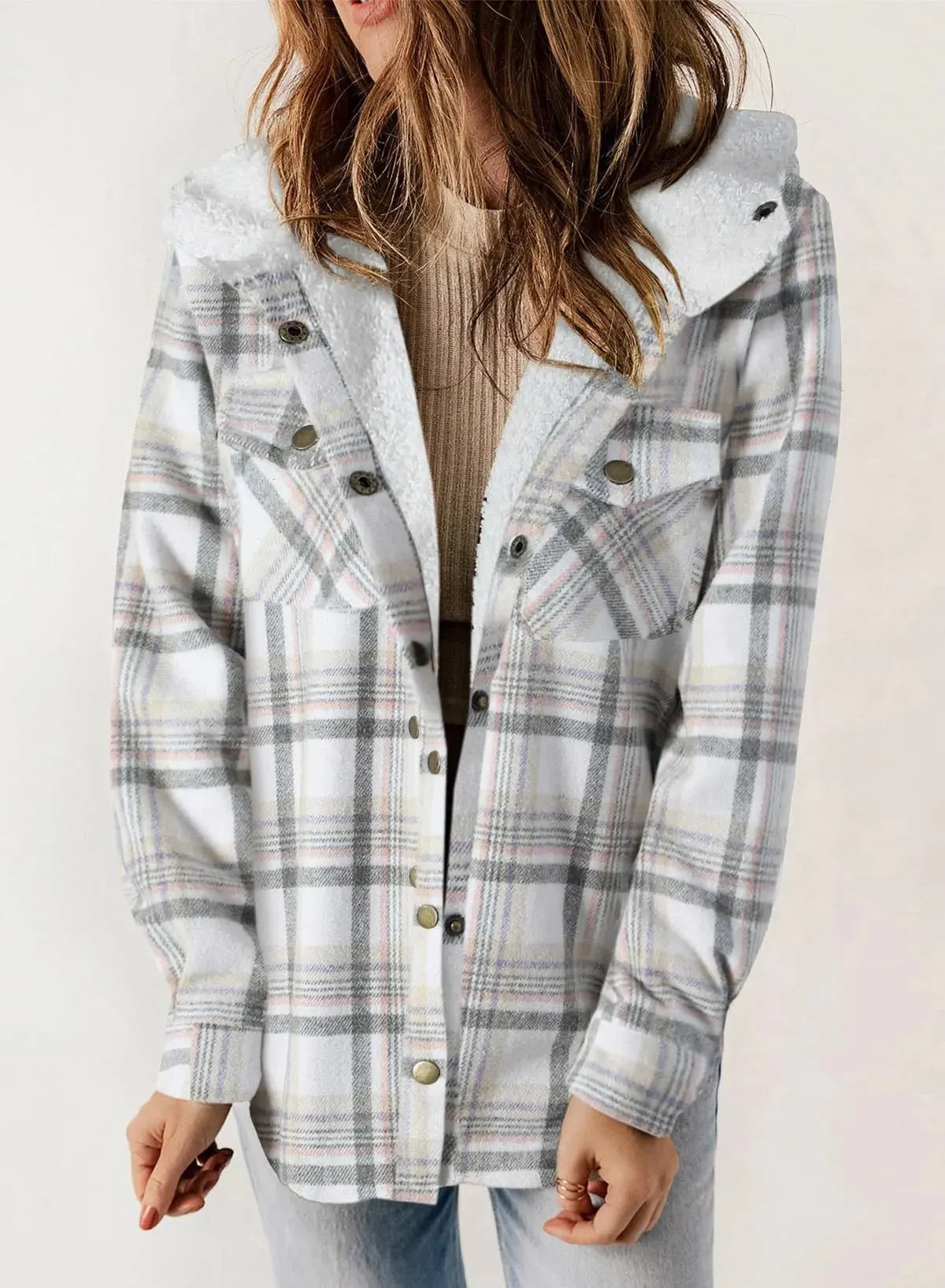 ⏰HOT SALE-WOMEN'S THICKENED FLANNEL LONG SLEEVE PLAID JACKET COAT WITH HOOD