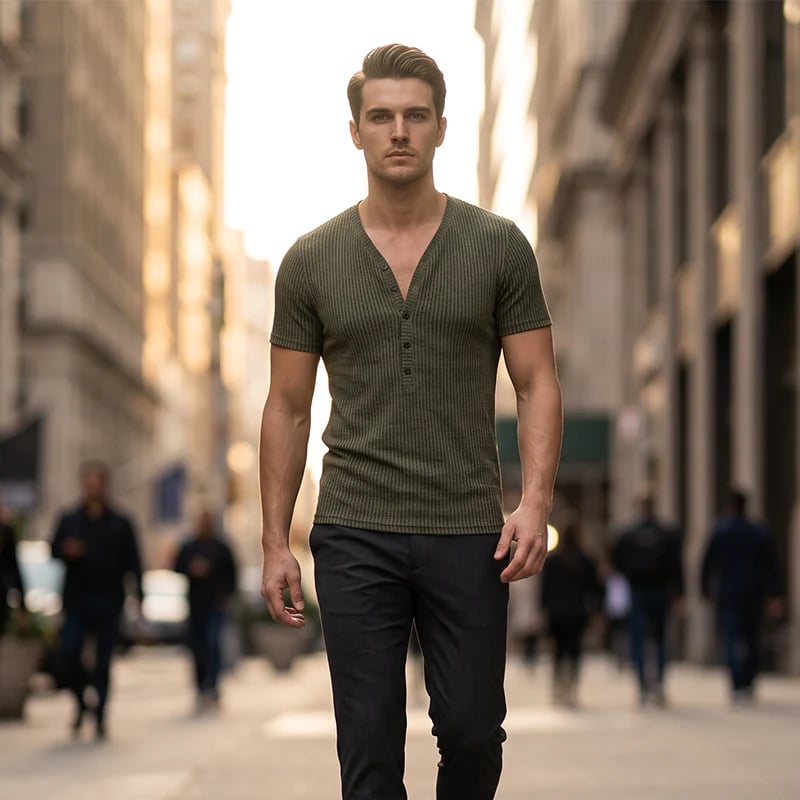 🎉⏰Men's Spring Textured Dual-Color Striped V-Neck Tee 👕 Bold Stripes, Deep V – A Modern Athletic Fit for Training & Beyond ✨