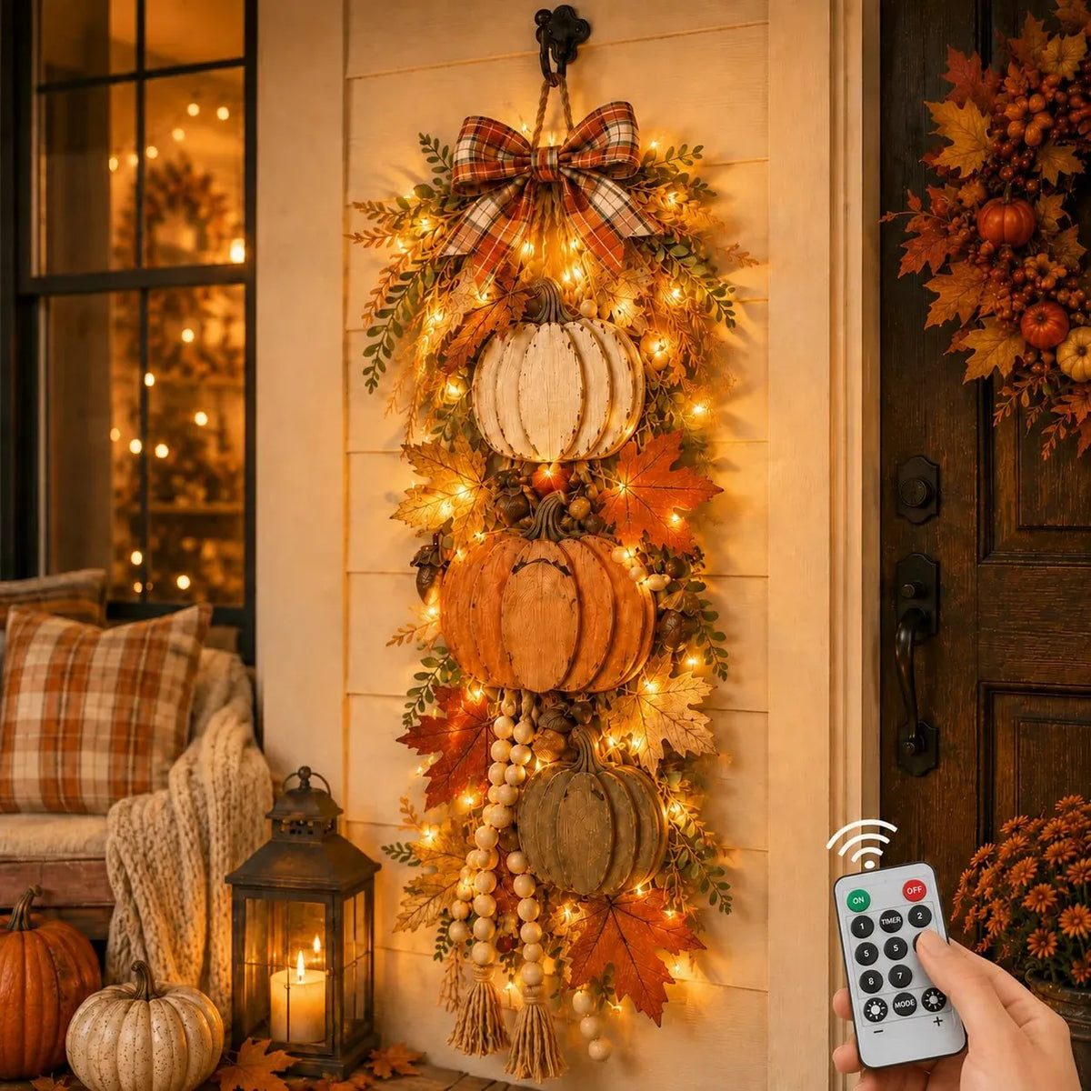🔥HOT SALE🔥Rustic Wooden Pumpkin Door Hanging with Warm LED Lights