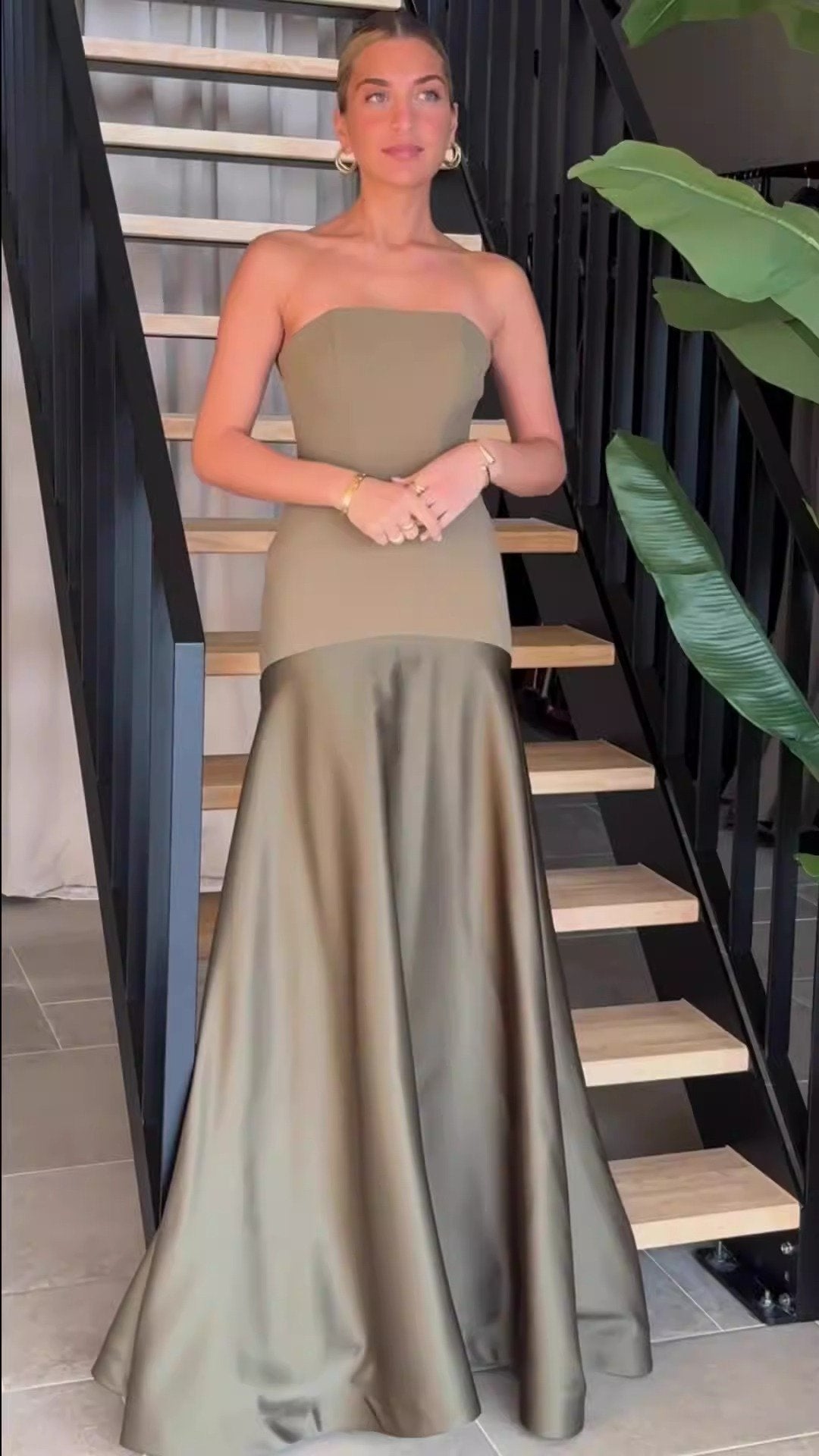Timeless Elegance Satin Patchwork Strapless Flare Gown Maxi Dress