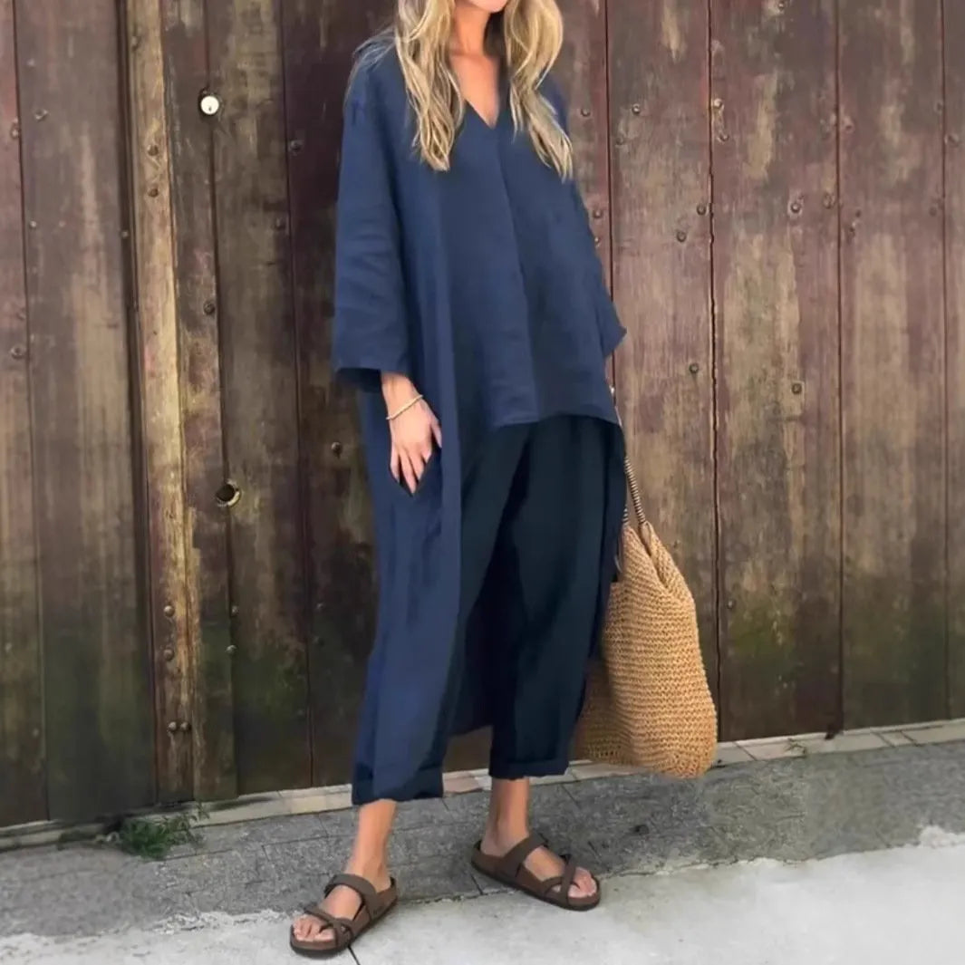 Women’s Summer Loose 2-Piece Set with V-Neck and Pockets