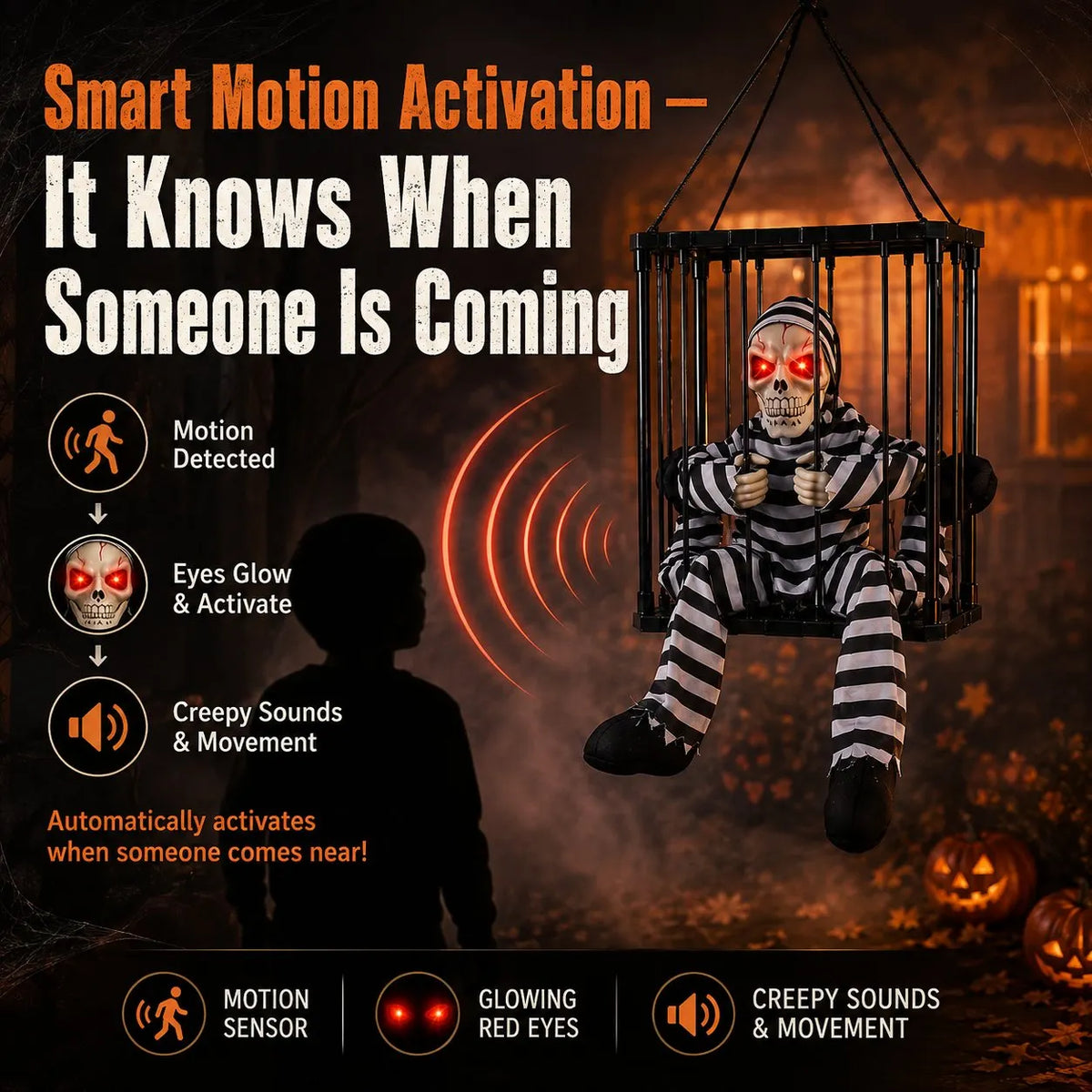🎉 💀 Motion Activated Prisoner Skeleton Halloween Prop – Screaming Jump Scare Decoration With Flashing Red Eyes